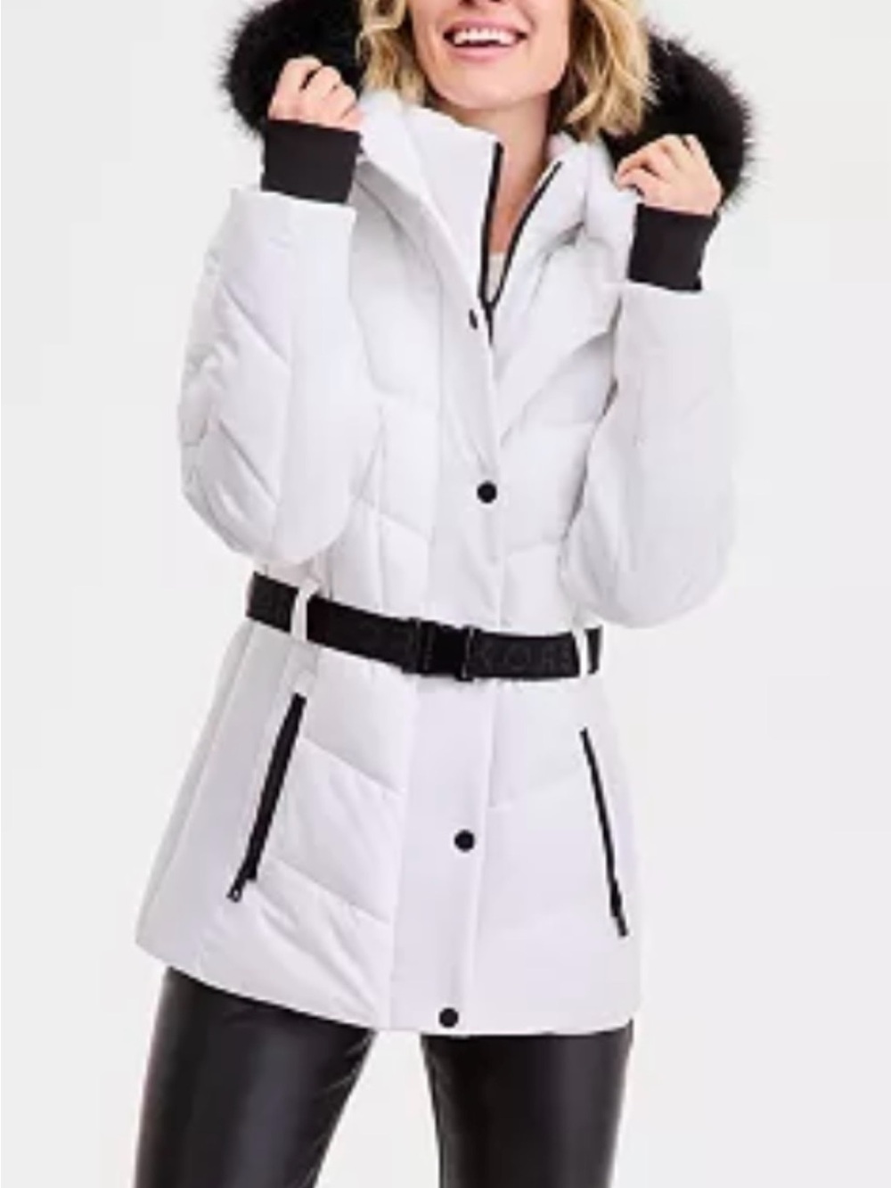 NWT Michael Kors White Belted Puffer Coat with Fur-Trim Hood sz S